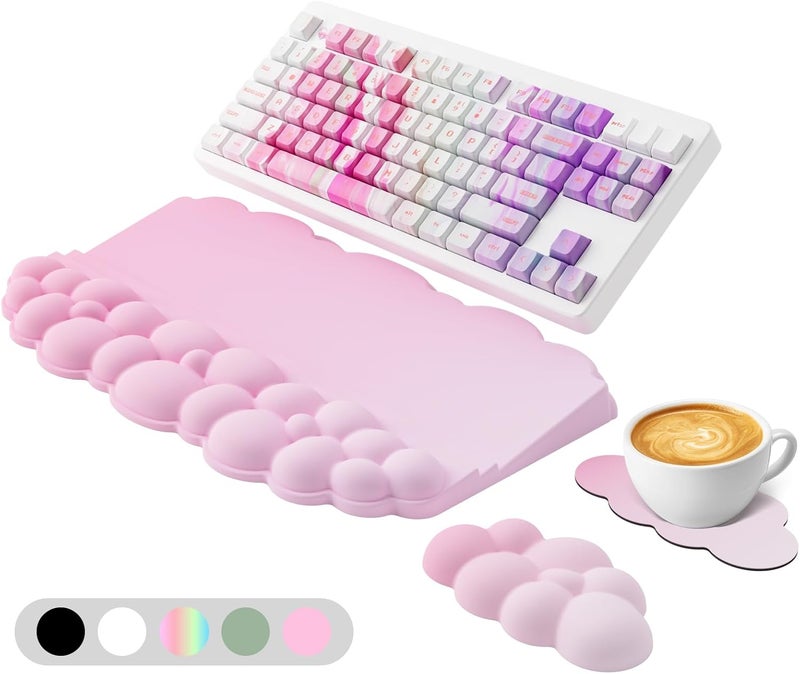 Lomil Wrist Rest with Keyboard Stand, Ergonomic Computer Wrist Support Pad, Cloud Keyboard Riser Holder with Wrist Pad, Memory Foam Desk Cushion, Palm Hand Typing for Office Home School-Pink - Image 1
